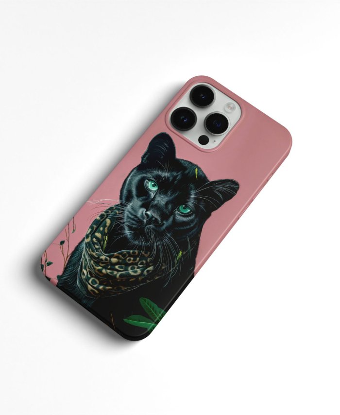 Coque iPhone rose avec design élégant de panthère noire et foulard léopard - Accessoire stylé – Image 2
