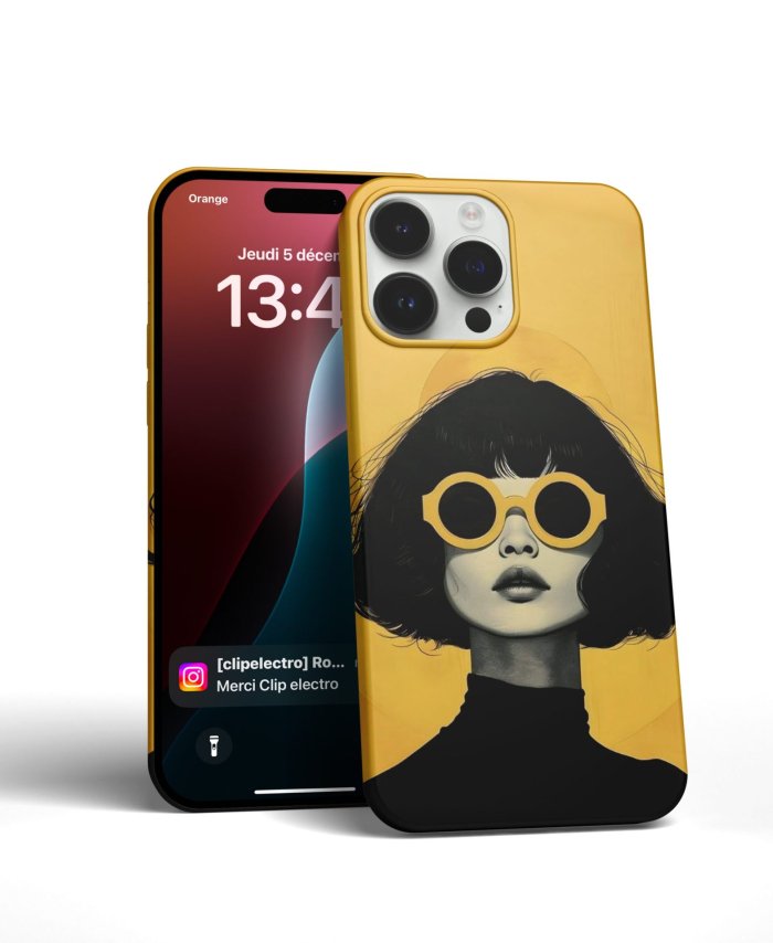 Coque iPhone design moderne - Portrait féminin tendance avec fond jaune – Image 3