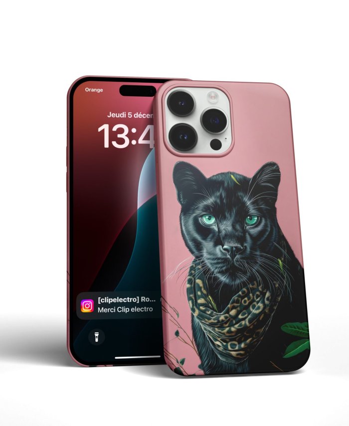 Coque iPhone rose avec design élégant de panthère noire et foulard léopard - Accessoire stylé – Image 3