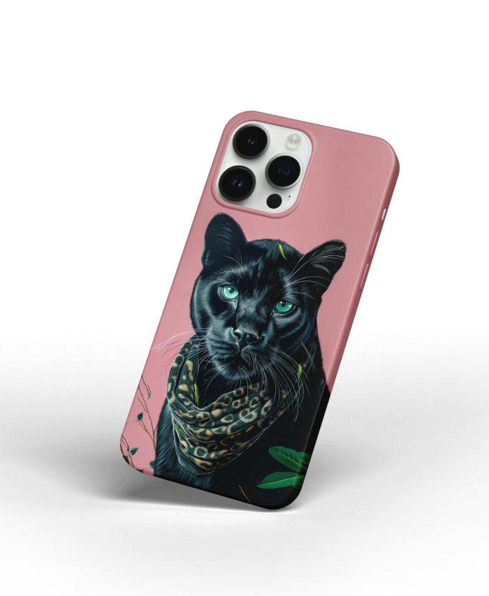 Coque iPhone rose avec design élégant de panthère noire et foulard léopard - Accessoire stylé – Image 4
