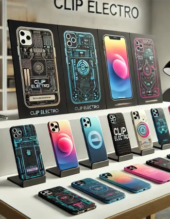 DALL·E 2024-12-21 22.38.59 - A modern and sleek product showcase featuring customized iPhone cases branded under 'Clip Electro.' The cases have unique designs, including vibrant p