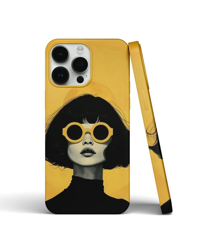 Coque iPhone design moderne - Portrait féminin tendance avec fond jaune – Image 1