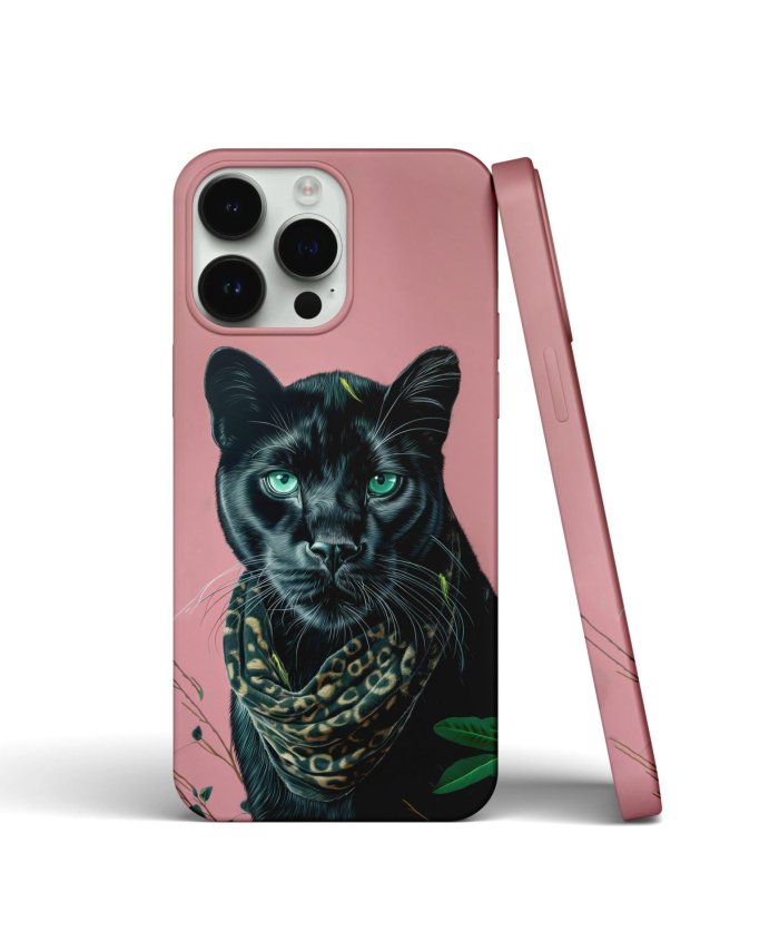 Coque iPhone rose avec design élégant de panthère noire et foulard léopard - Accessoire stylé – Image 1