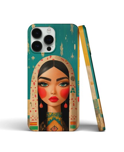 Coque iPhone design artistique - Portrait féminin coloré et moderne sur fond turquoise